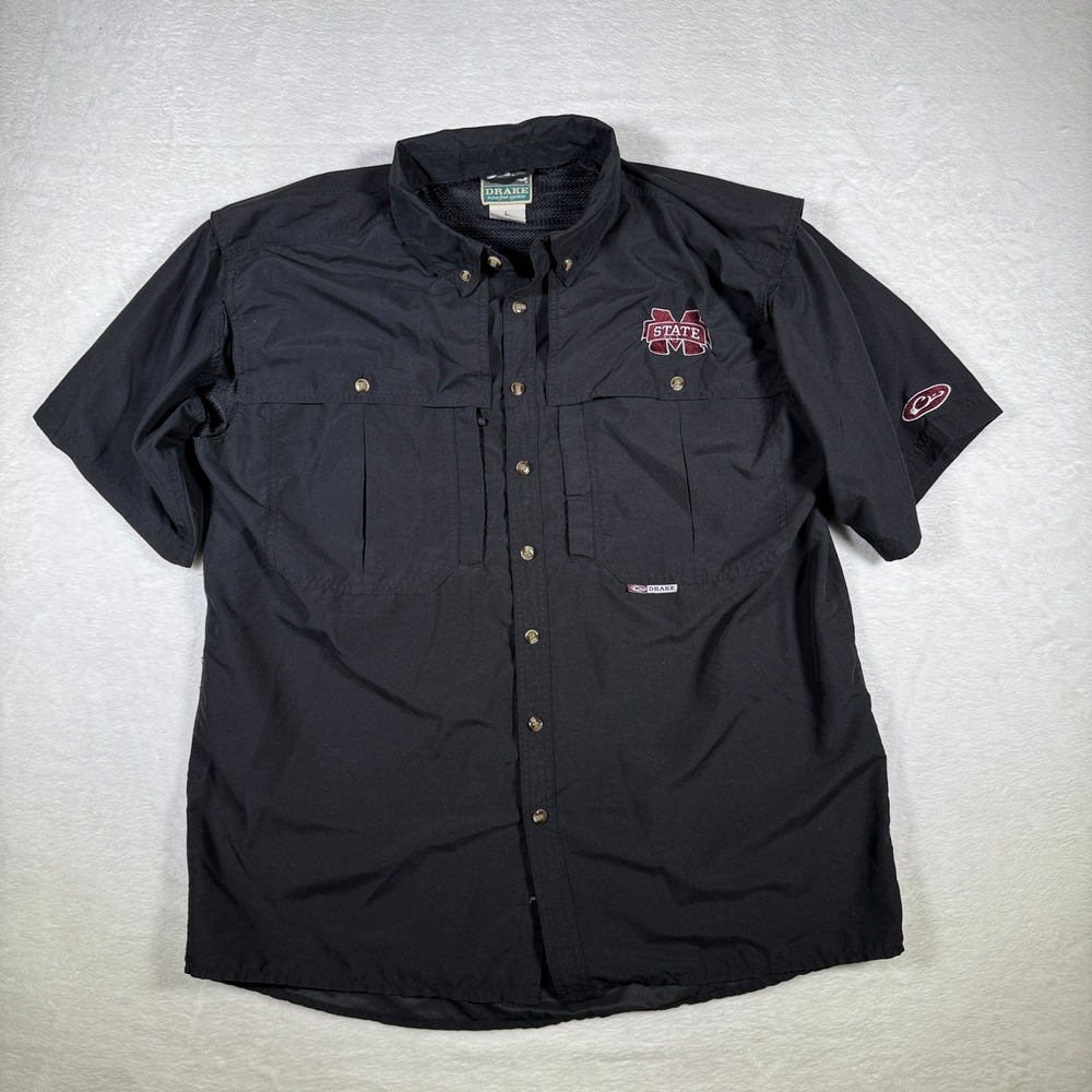 Drake Waterfowl Systems Short Sleeve Fishing Shirt Mississippi State Black L‎